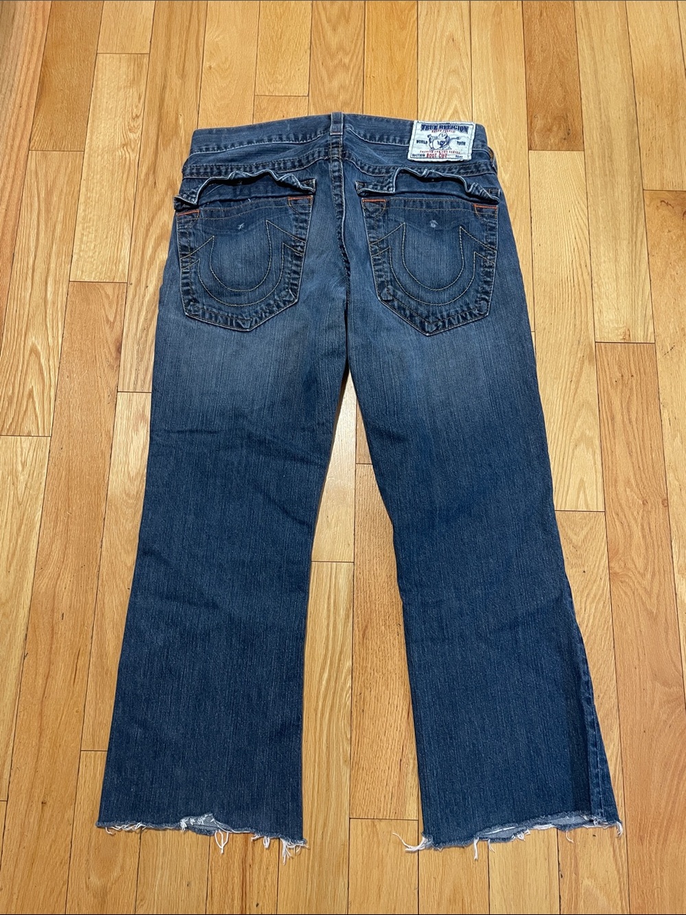 True Religion Women's Dark Blue Flare Jeans with Frayed Hem